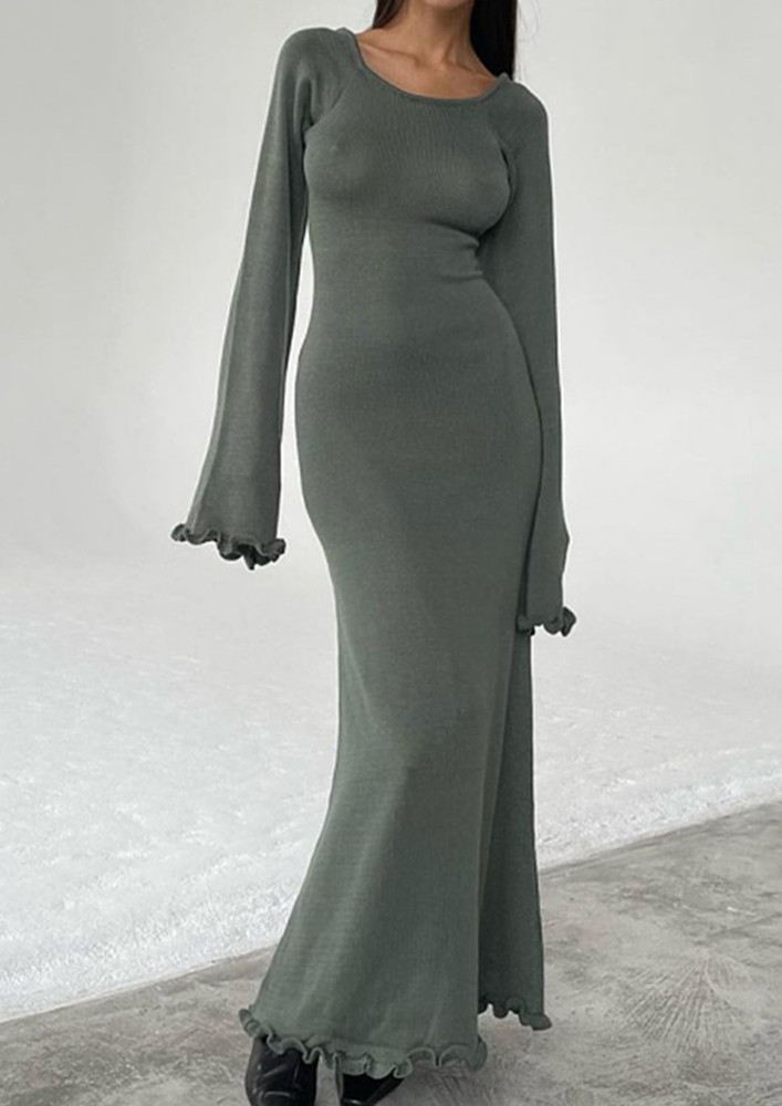 GREY KNITTED HOLLOW TIE-STRING BACK DRESS