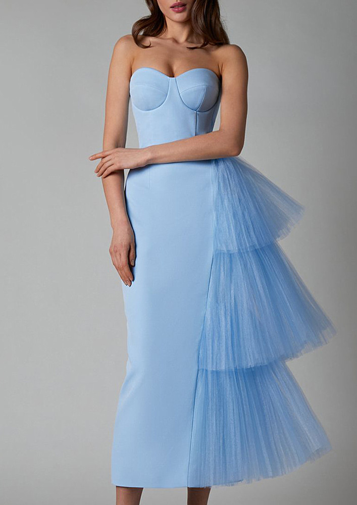 Blue Back-zip Tulle Bandeau Dress
