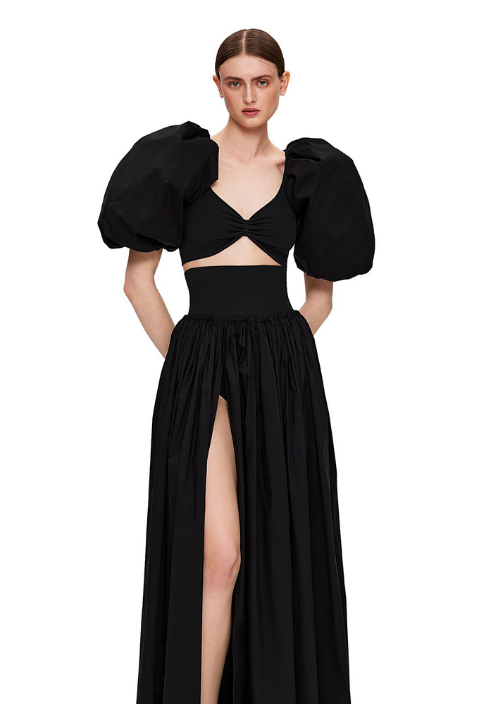 Black Balloon Sleeved Top & Long Skirt Set