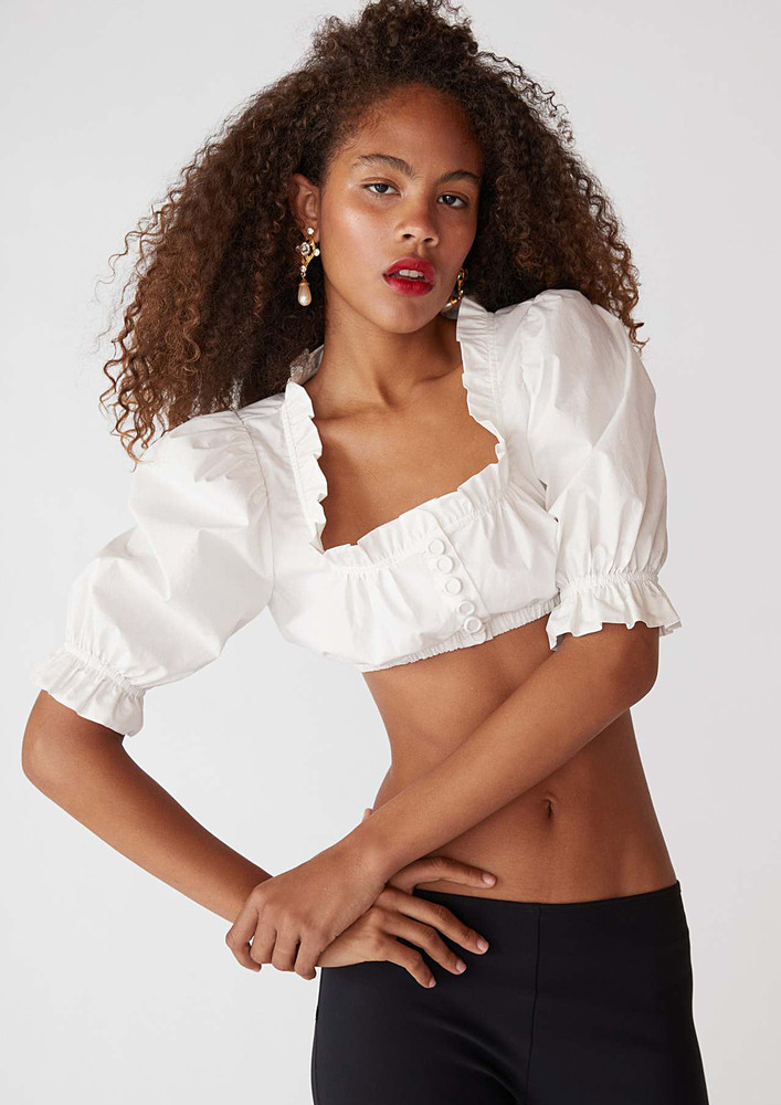 Square Neck Solid White Crop Top