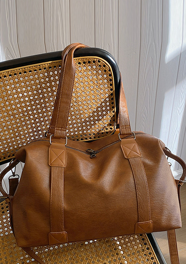 BROWN TEXTURED PU LEATHER TOTE BAG