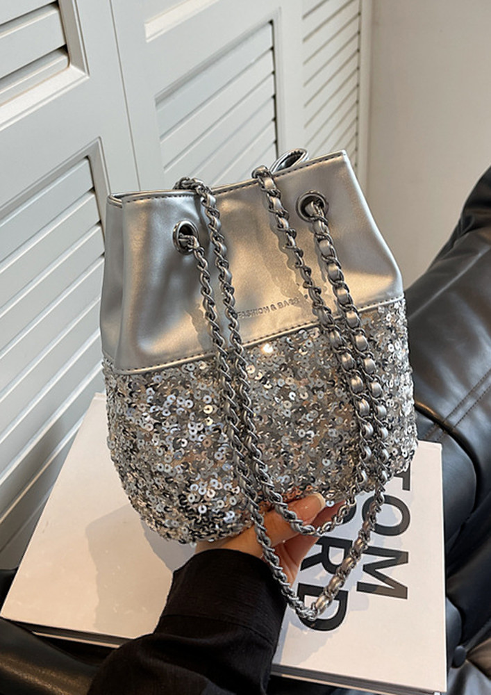 SILVER PU LEATHER SEQUINNED BUCKET BAG