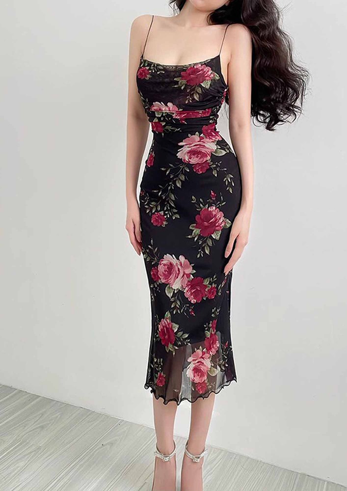 Floral Print Black Mid Length Dress