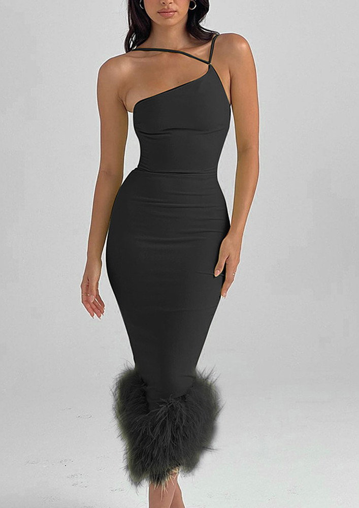 Black Faux Feather Hem Mid-length Slim Dress