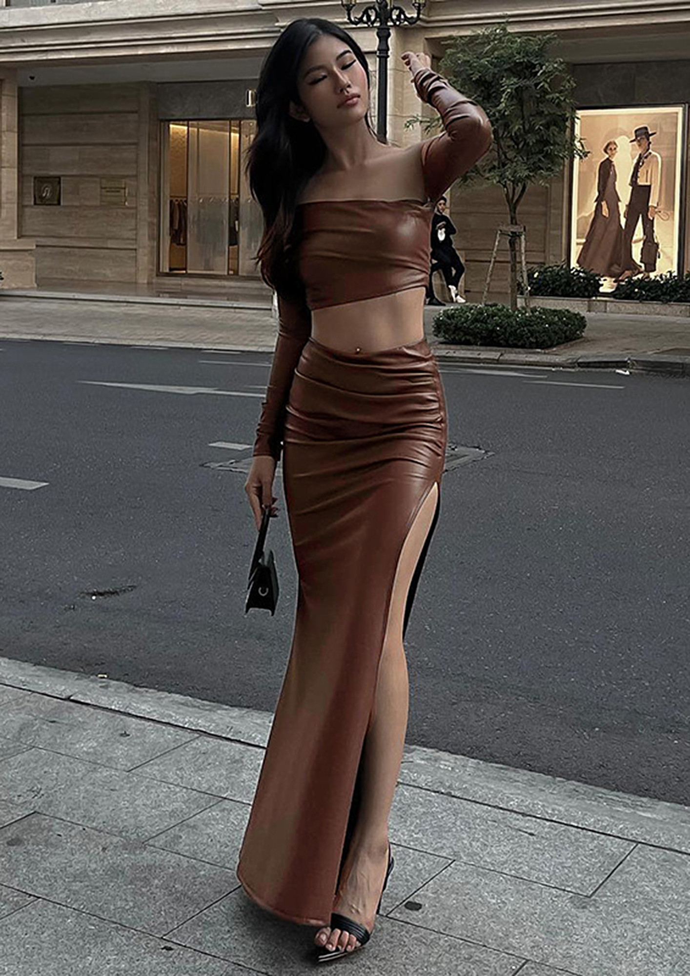 BROWN FAUX LEATHER SLIT MAXI SKIRT