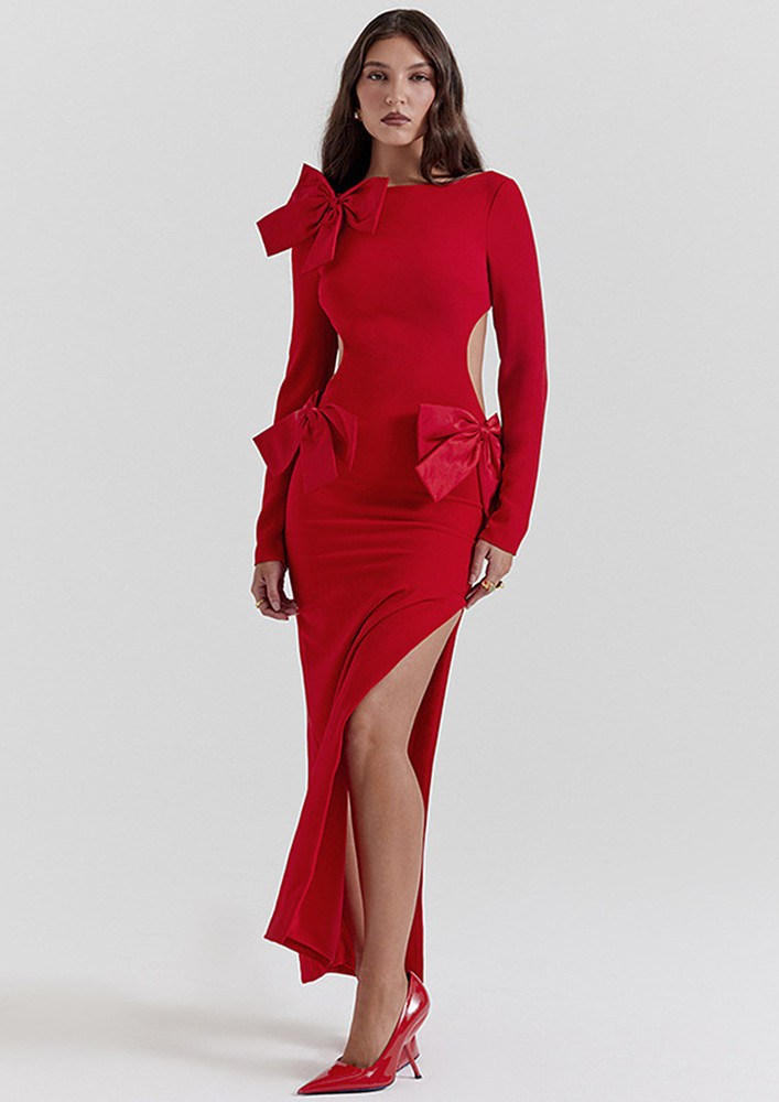 Red Bow Side Slit Cut-out Maxi Dress