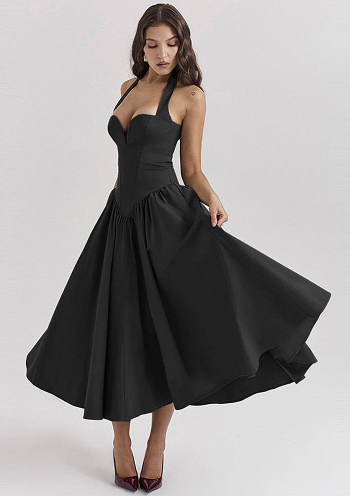 Black Halter Neck A-line Mid-length Dress