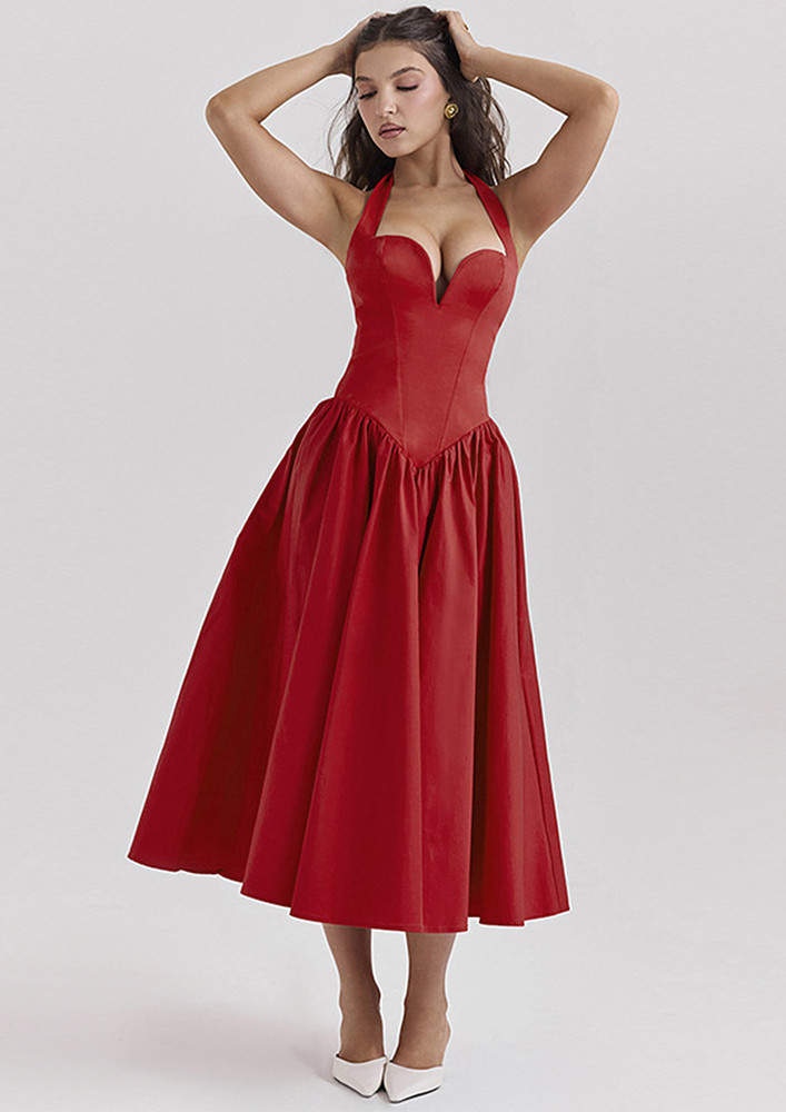 Red Halter Neck A-line Mid-length Dress