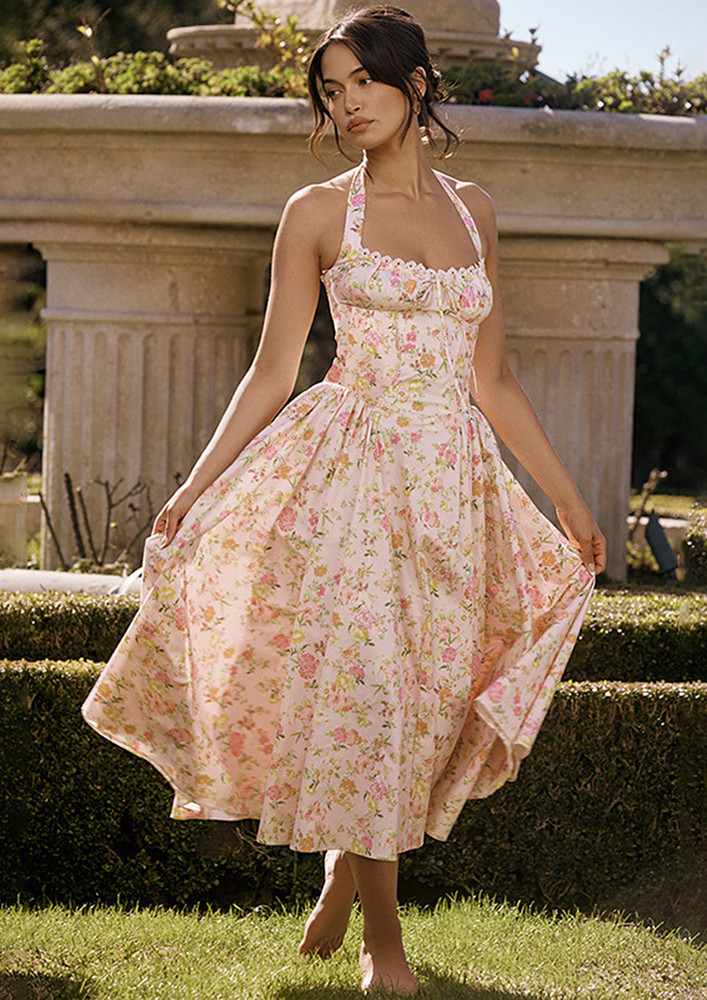 Pink Floral Print Bustier Maxi Dress