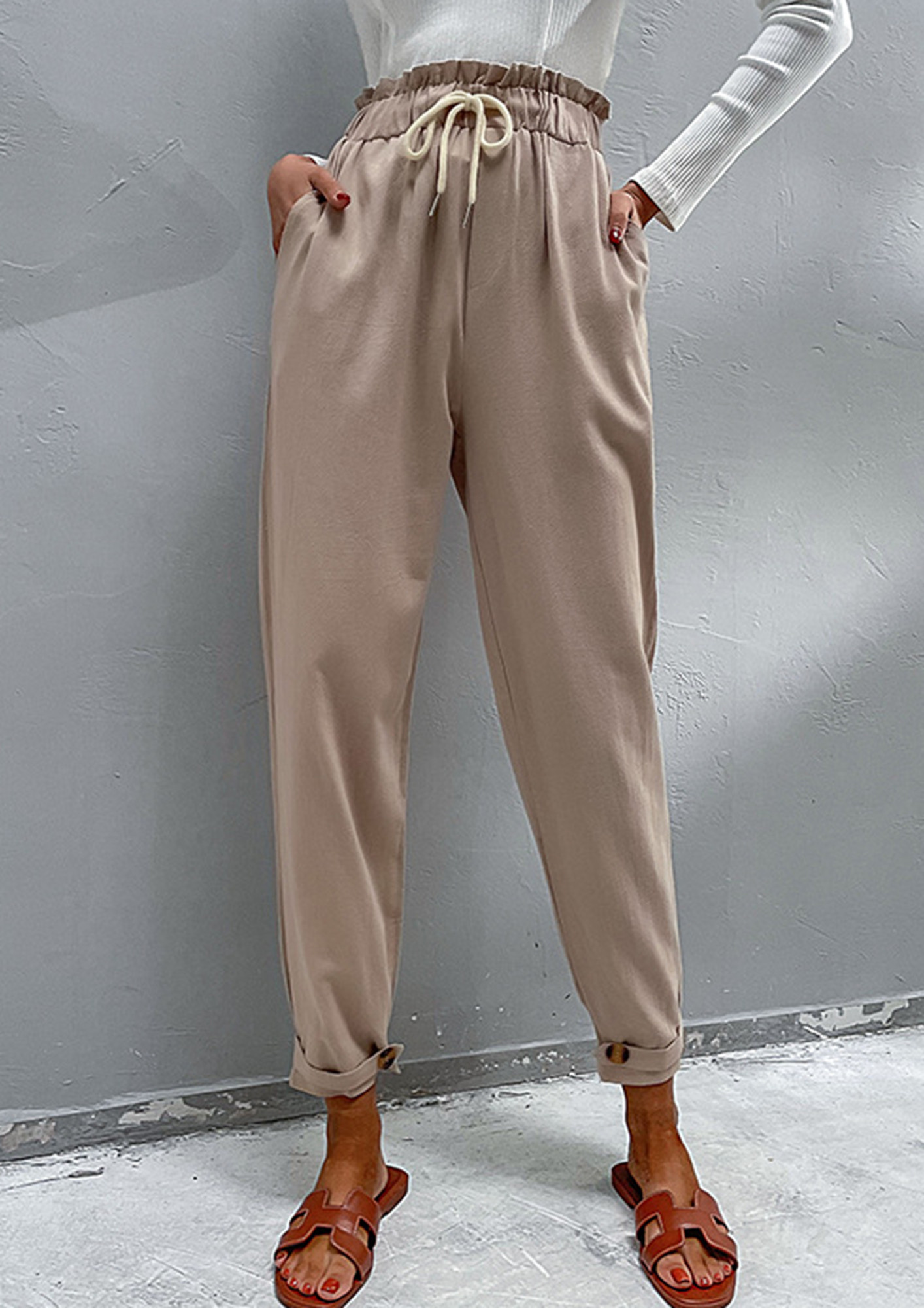 Buy PAPER-BAG-STYLE CINCHED WAIST GREIGE TROUSER for Women Online in India