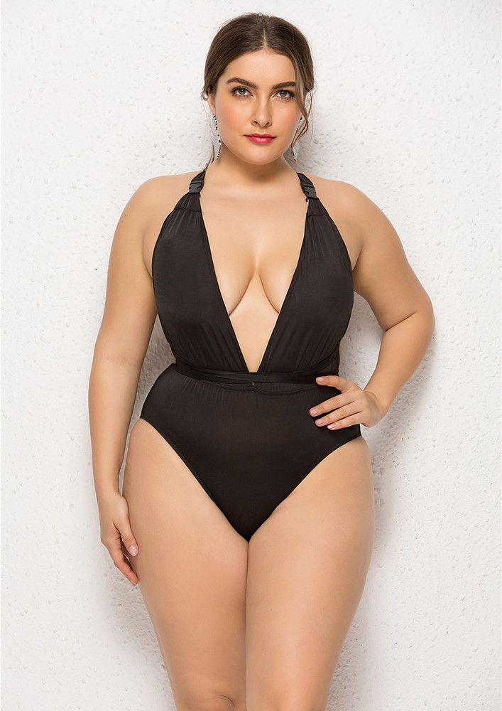 Black Halter Strap Plus Size Swimsuit
