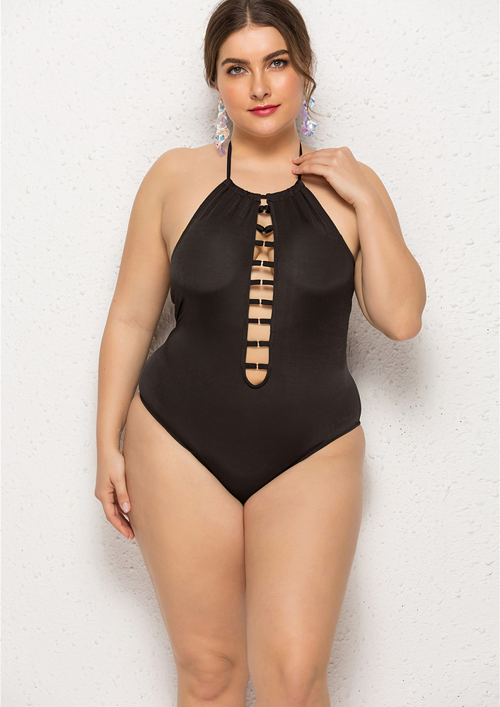 Black Plus Size Hollow Thin-strap Detail Swimsuit