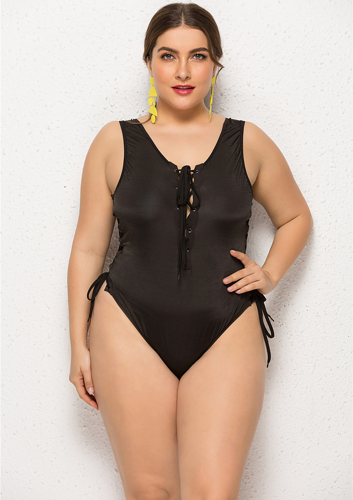 Black Plus Size Lace-up Straps Swimsuit