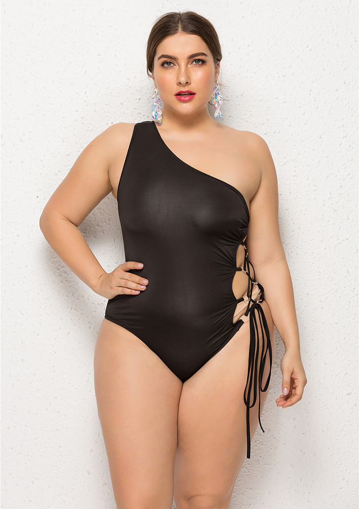 Black One-shoulder Plus Size Lace-up Swimsuit