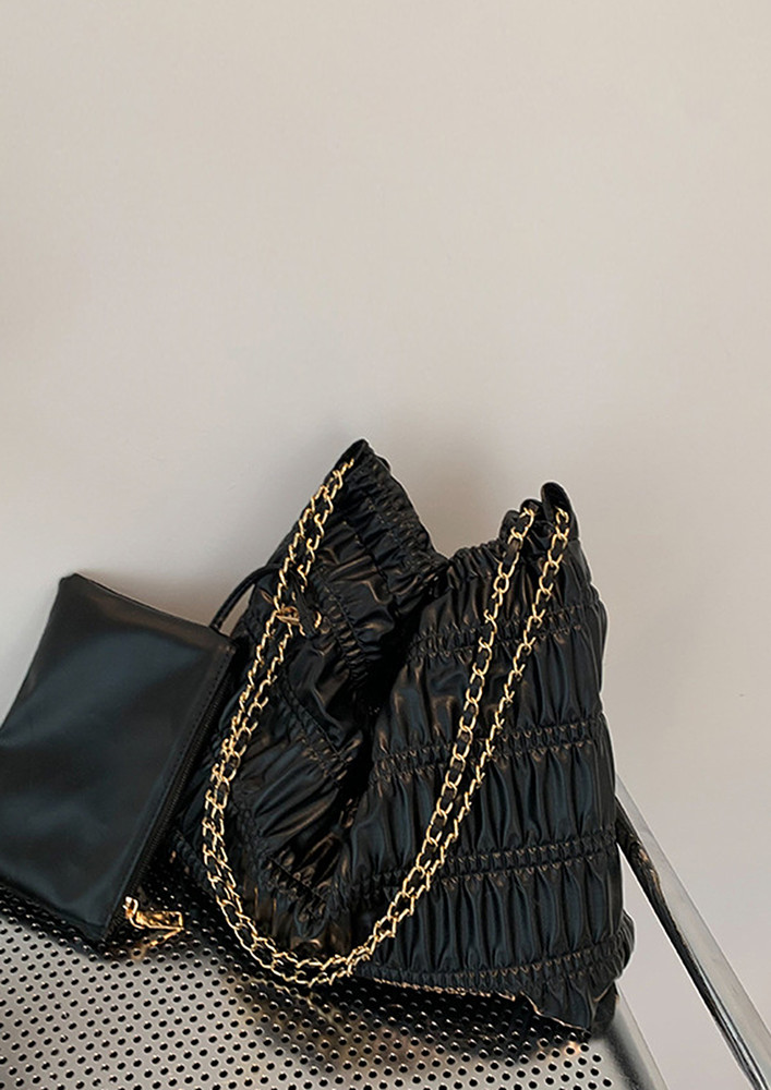 PU LEATHER BLACK PLEATED TOTE BAG AND POUCH