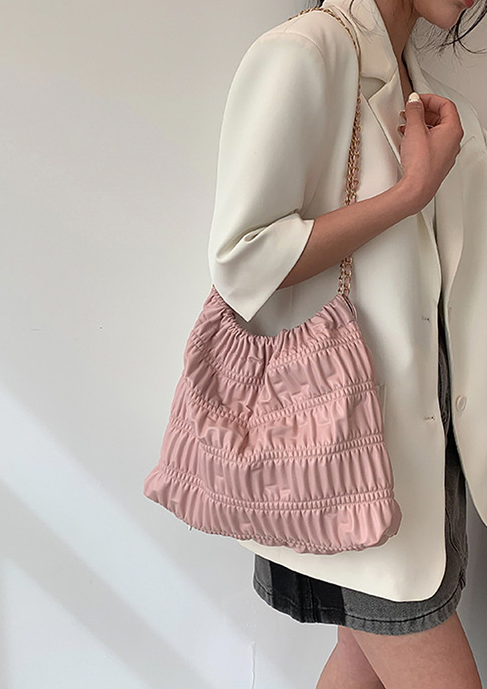 PU LEATHER PINK PLEATED TOTE BAG AND POUCH