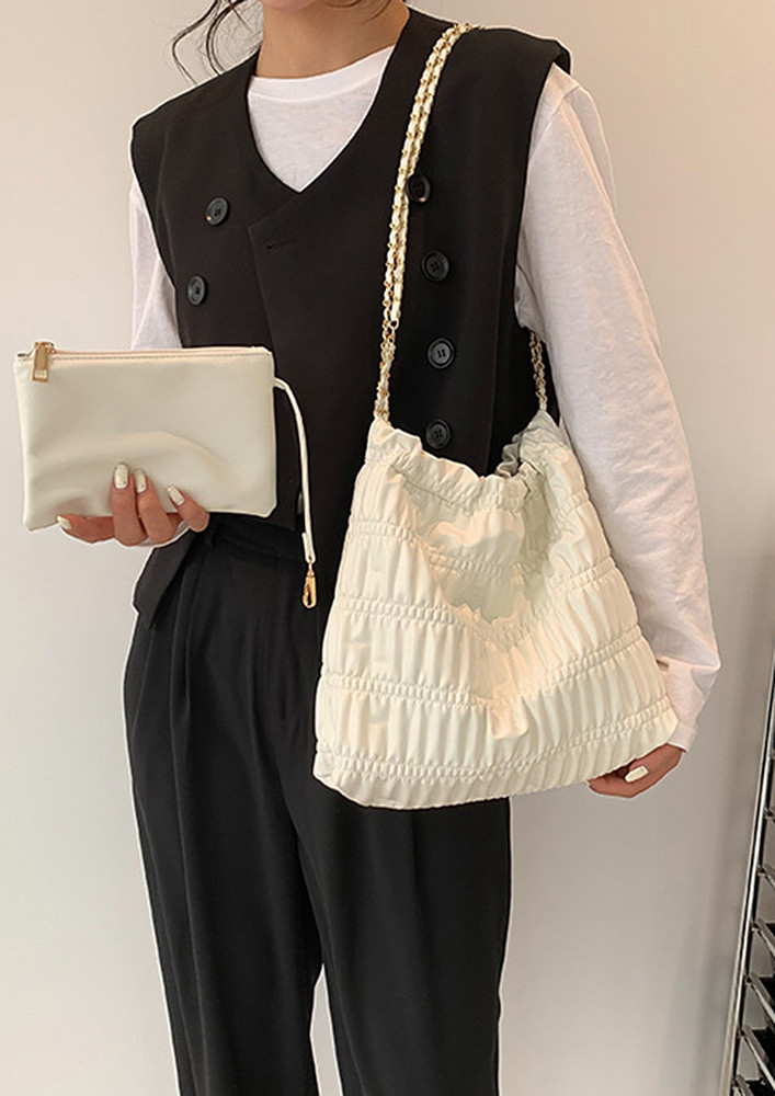 PU LEATHER WHITE PLEATED TOTE BAG AND POUCH