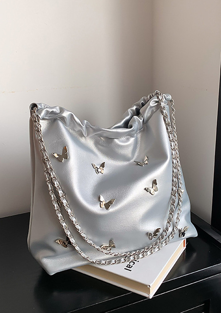 SILVER PU LEATHER BUTTERFLY-DETAIL SHOULDER BAG
