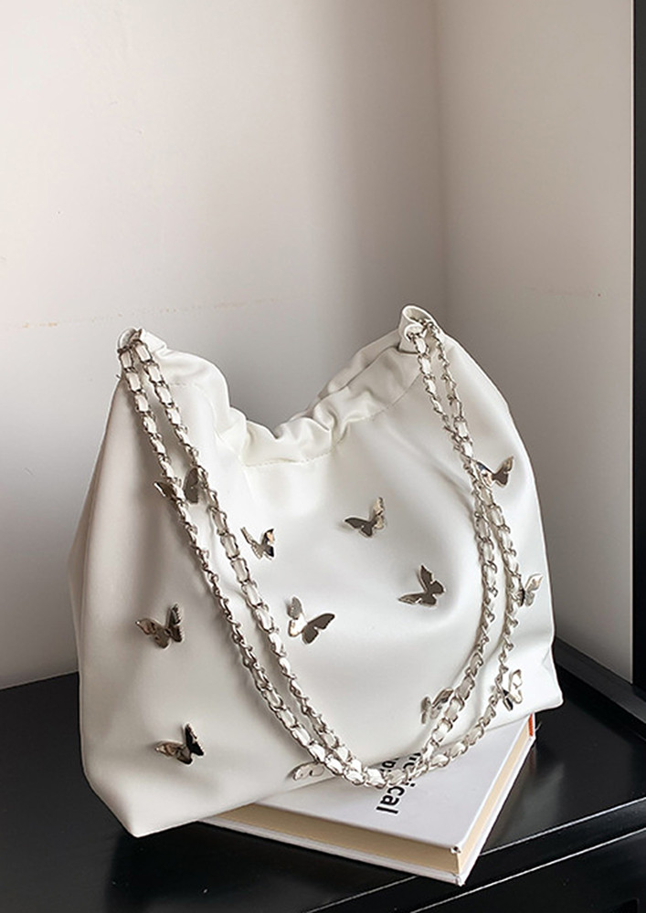 WHITE PU LEATHER BUTTERFLY-DETAIL SHOULDER BAG