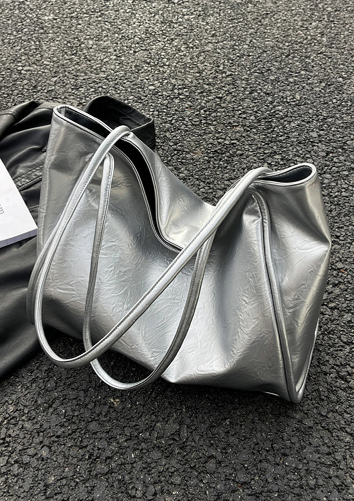 SILVER FAUX LEATHER DOUBLE HANDLE TOTE BAG