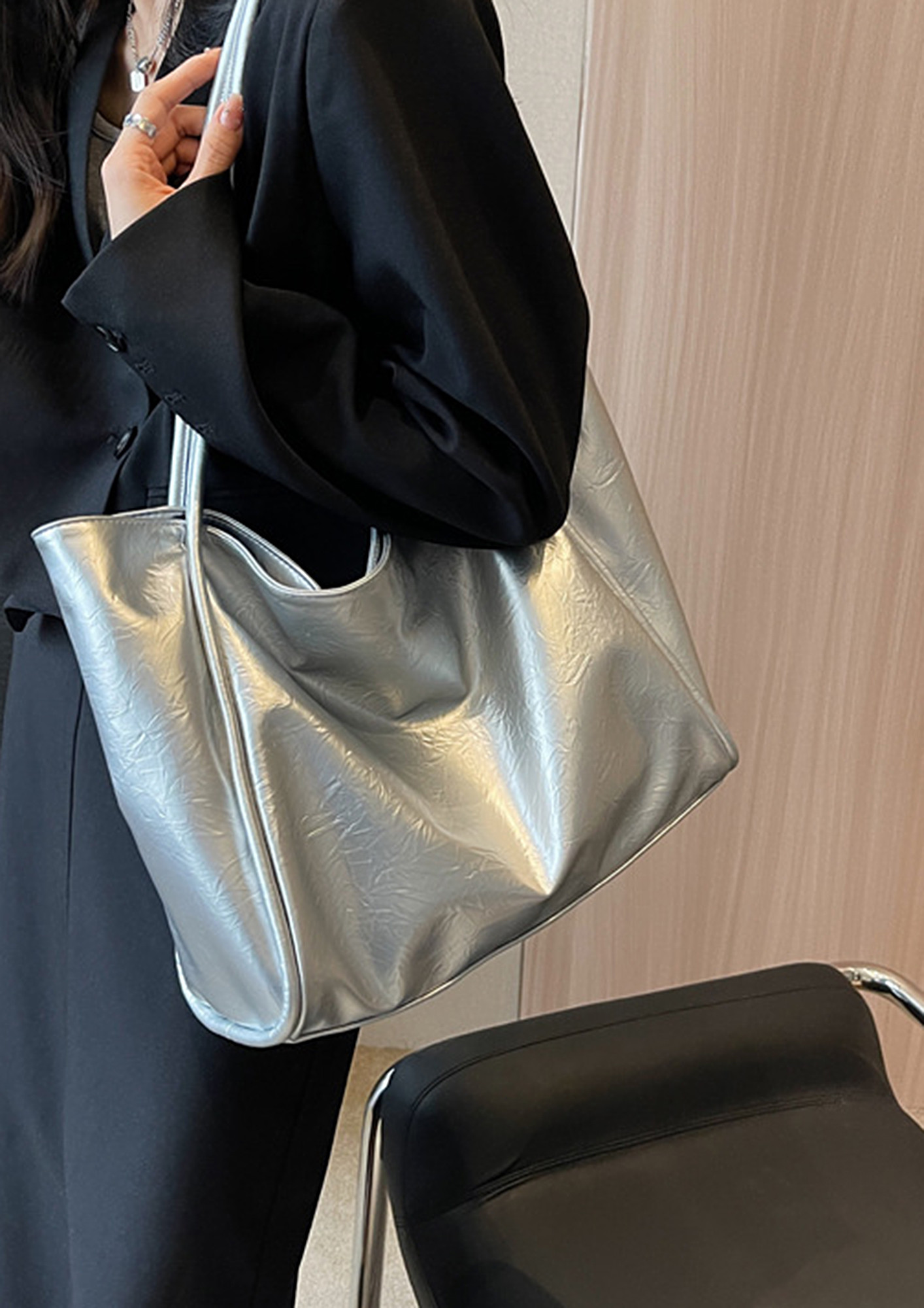 WHITE STUFF Metallic Leather Slouch Tote Bag in Pewter | Endource