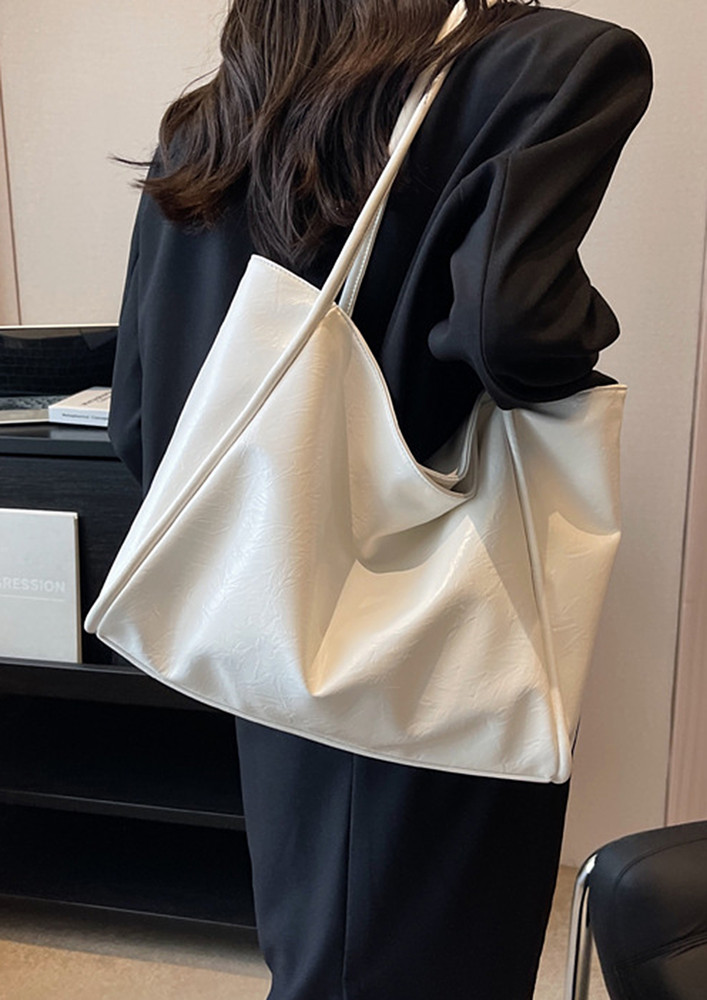 WHITE FAUX LEATHER DOUBLE HANDLE TOTE BAG