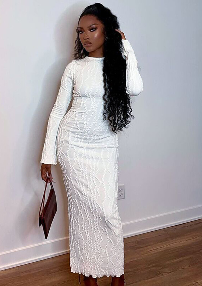 White Jewel Neck Textured Maxi Dress