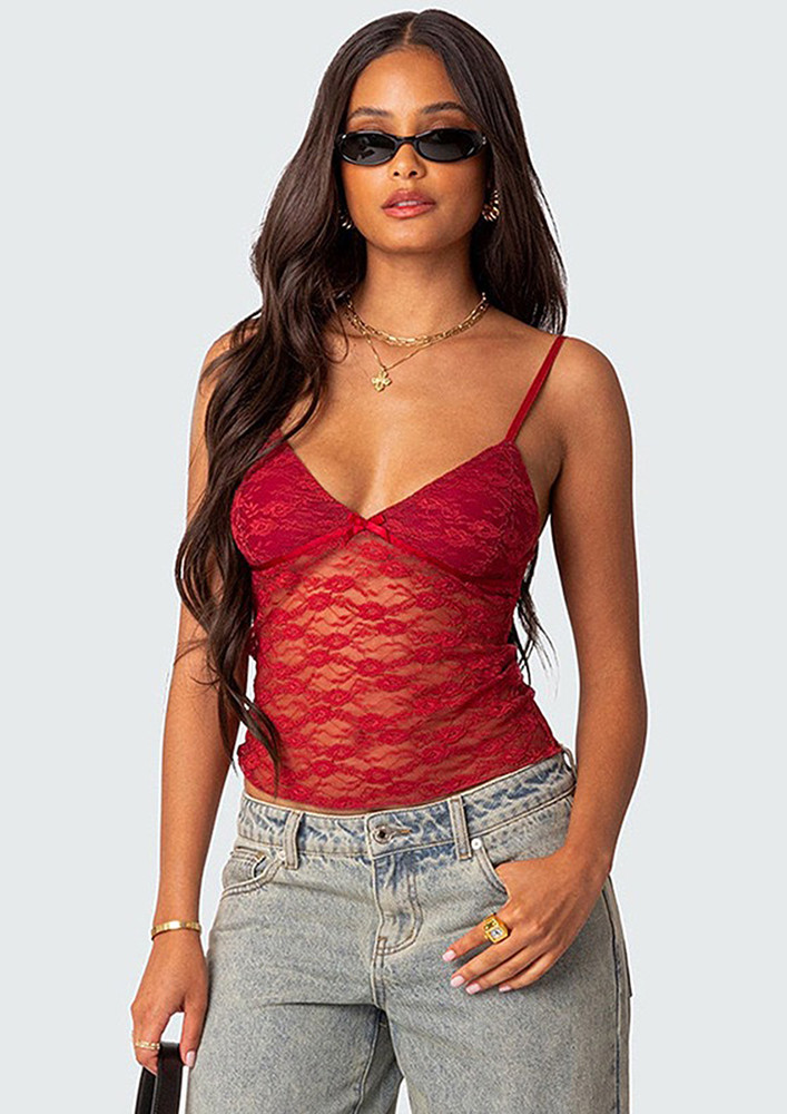 Red Fitted Sheer Lace Bustier