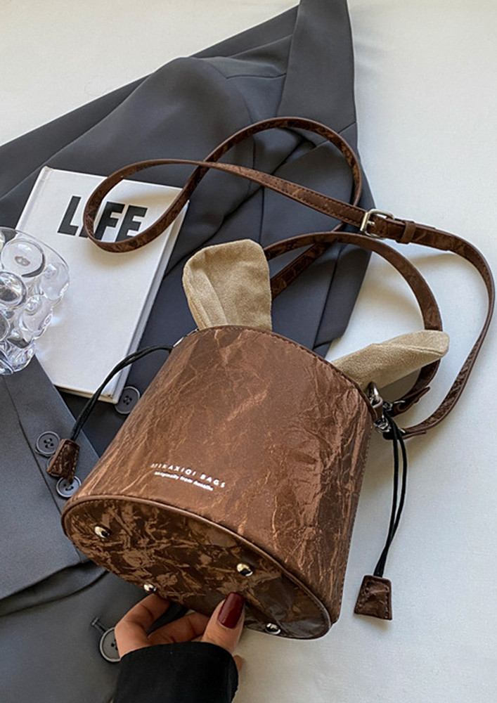BROWN TIE-UP KNOT POUCH BUCKET BAG