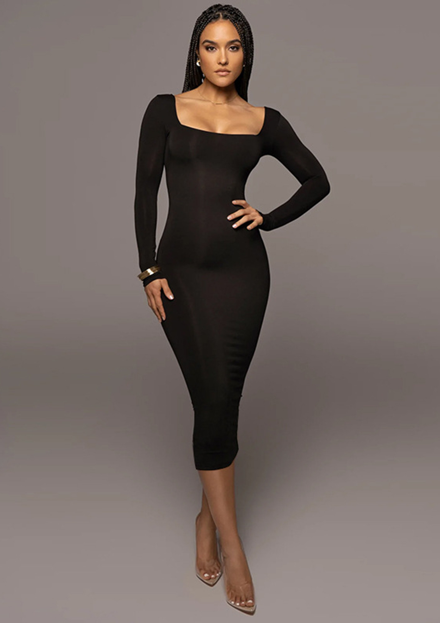 Black Ribbed V-Neck Midi Dress | ADFY-KRIMD-2059 | Cilory.com