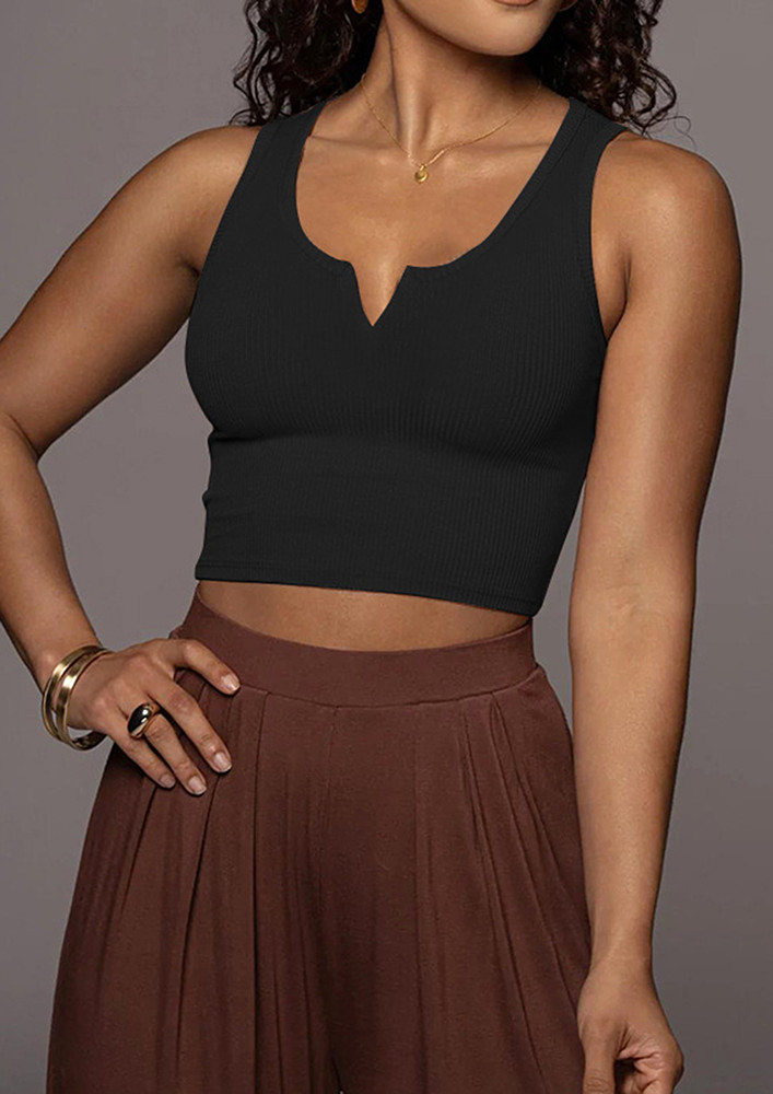 Black Ribbed U-neck Fitted Crop Top