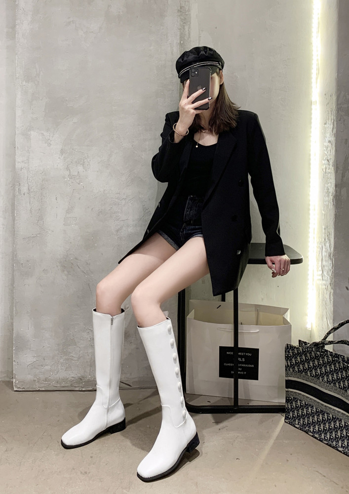 White Pu Leather Knee Length Low Heel Boots