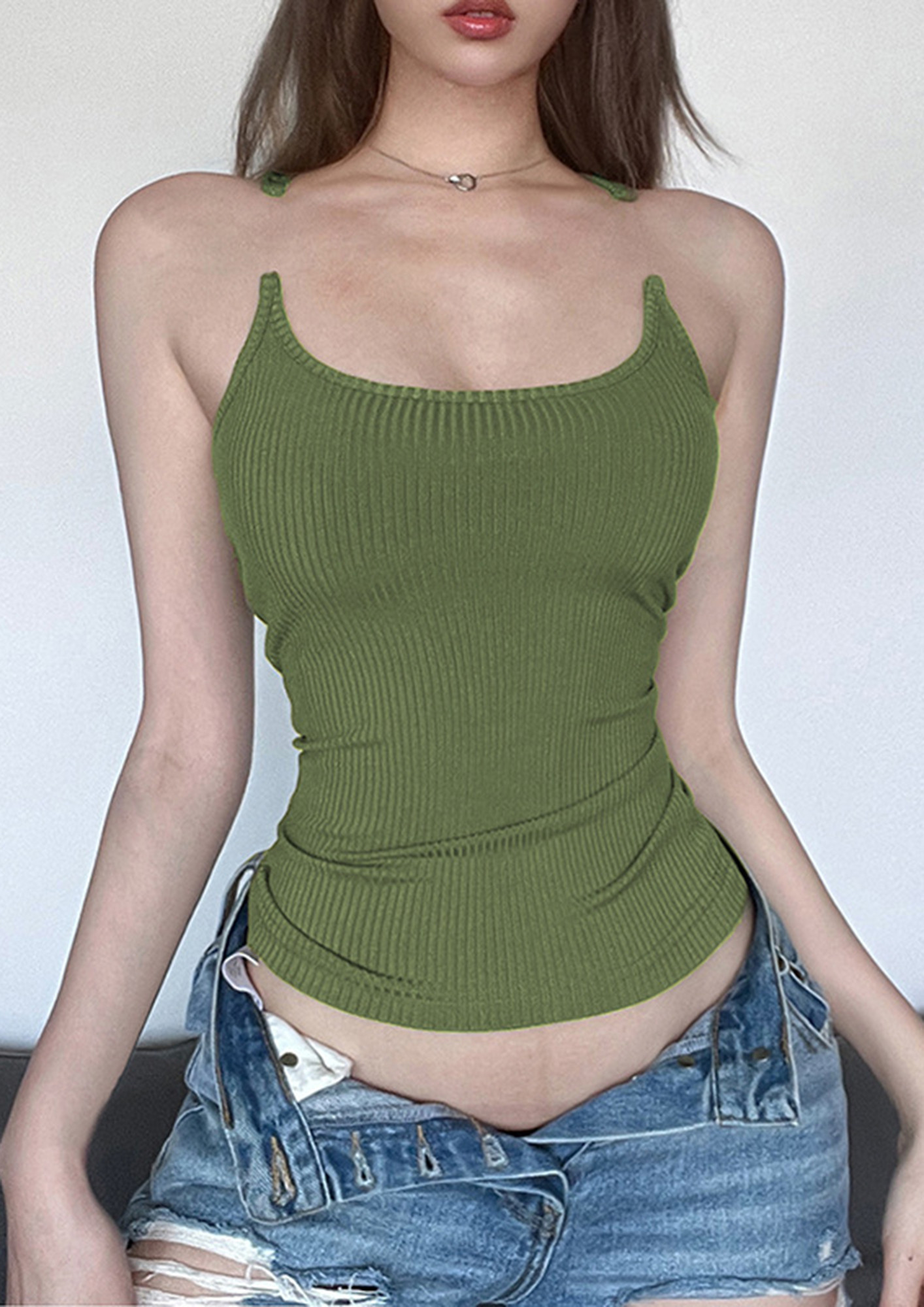 Buy RIBBED SLIM OLIVE-GREEN CAMI for Women Online in India