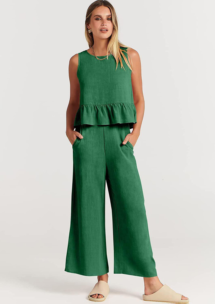 GREEN BUTTONED-BACK LOOSE JUMPSUIT