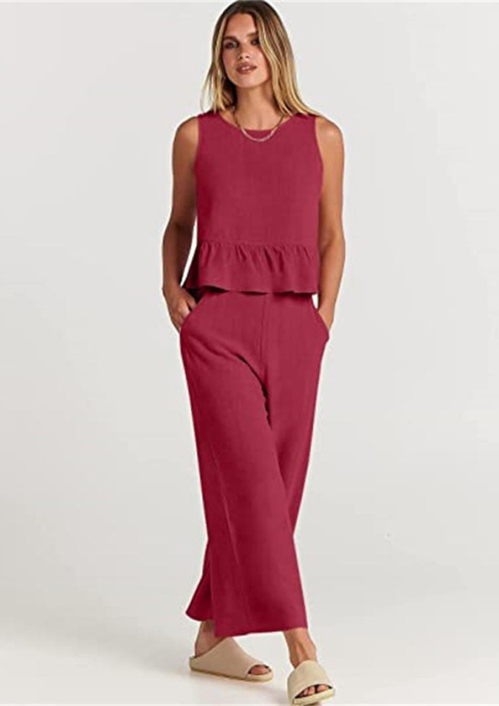 RED BUTTONED-BACK LOOSE JUMPSUIT