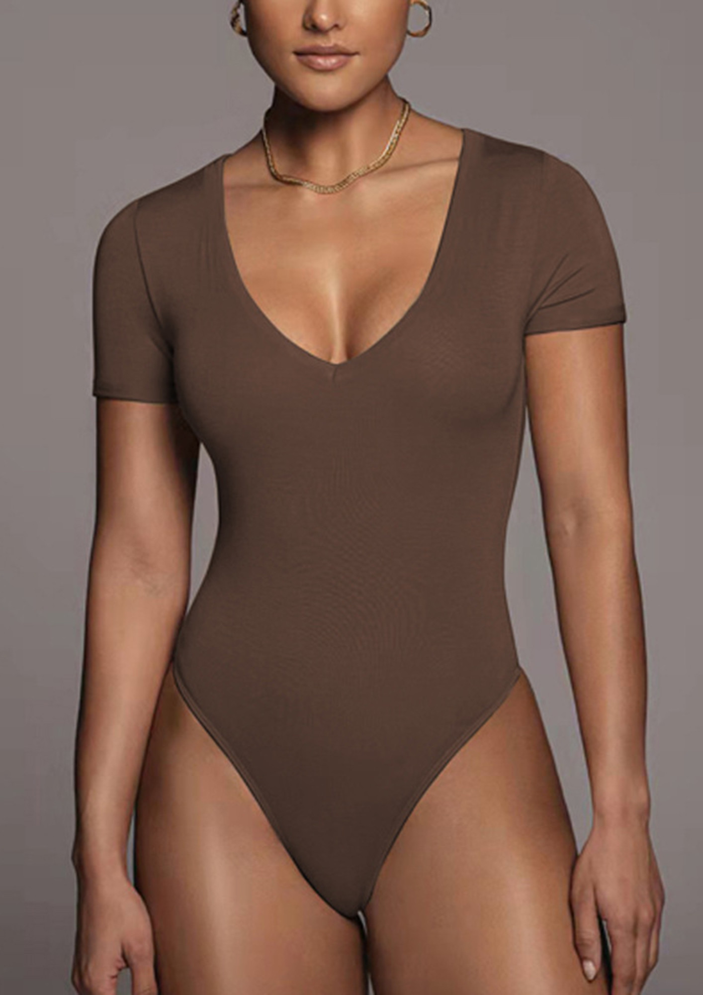 Solid Deep V Neck Bodysuit, Casual Long Sleeve Slim Bodysuit, Women's  Clothing