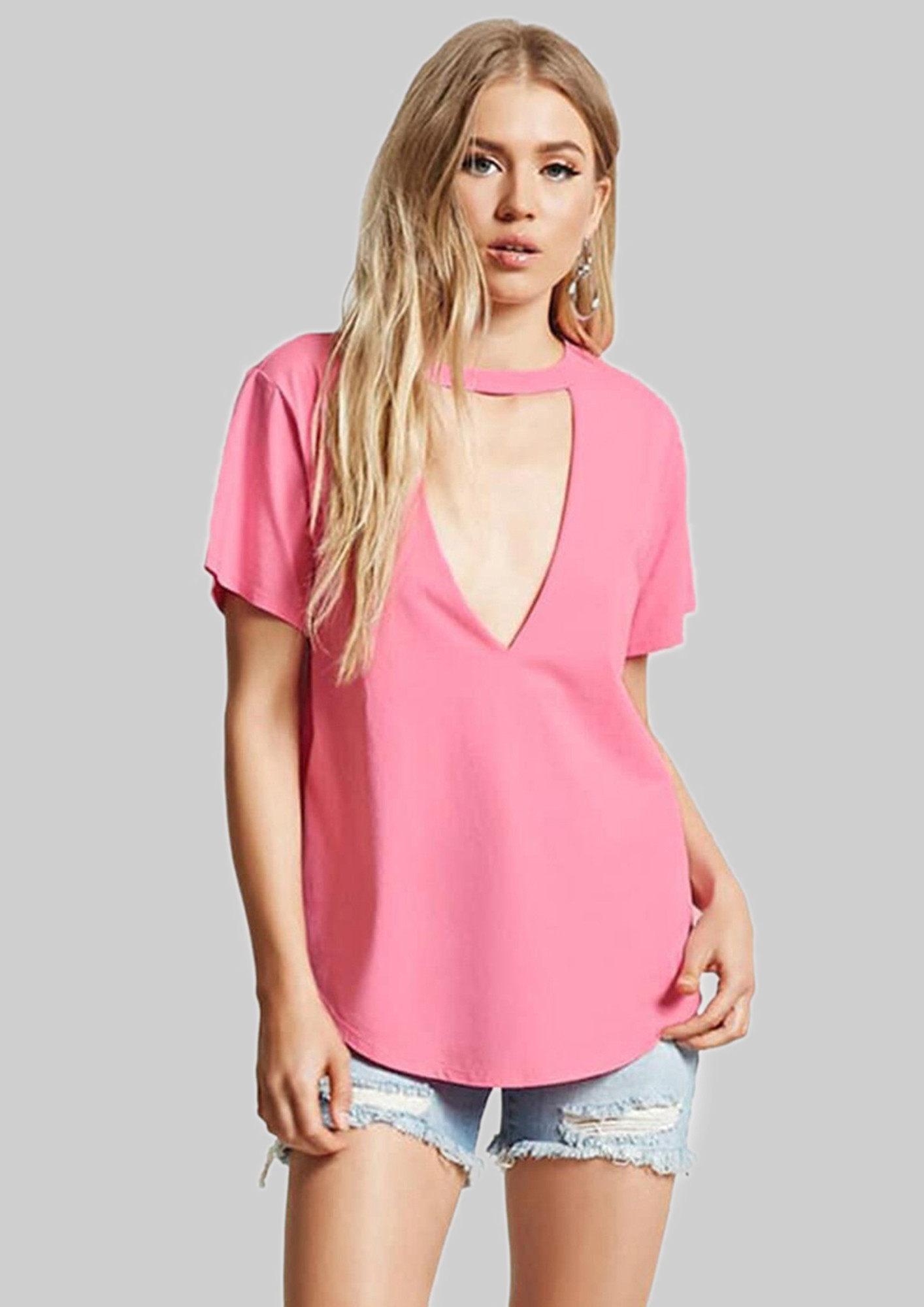 CLASSIC PLUNGING CHOKER NECK SOLID PINK T-SHIRT
