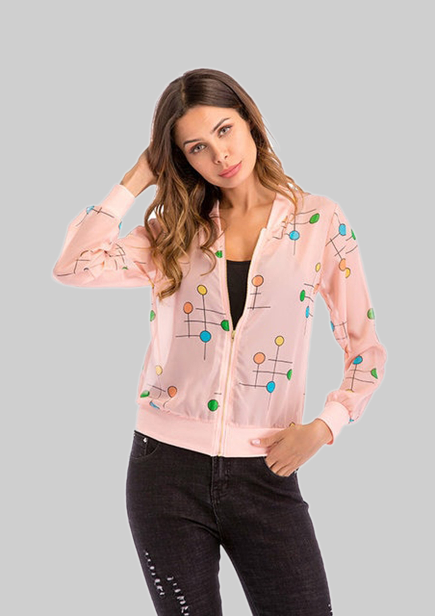 IN A PINK PRINTED ZIPPER CLOSURE BOMBER JACKET