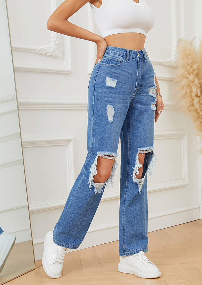 High-rise Ripped & Distressed Blue Jeans
