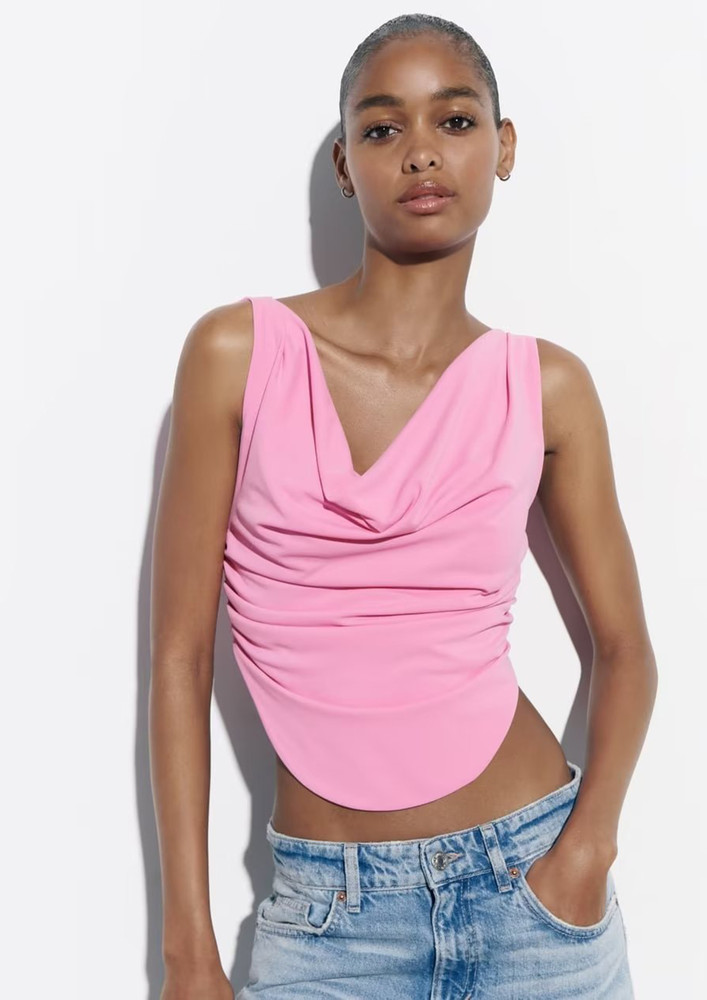 PINK PLEATED HANGING-NECK TOP