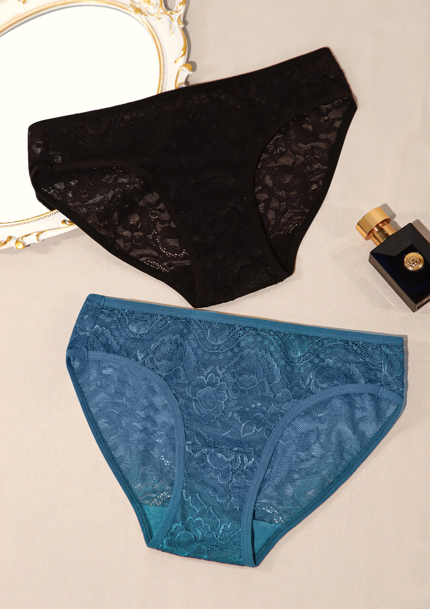PRETTY BLUE AND BLACK LACE HIPSTER SET OF 2