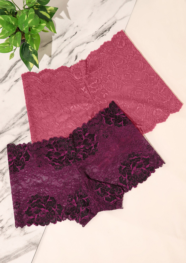 Heavenly Purple And Red Lace Boy Shorts Set Of 2