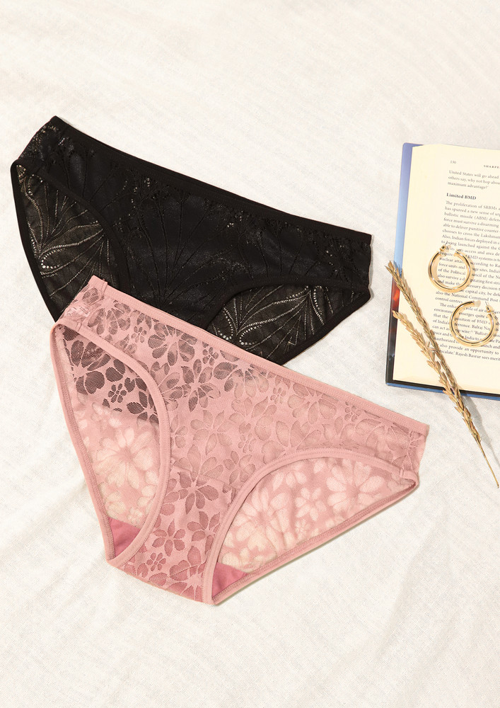 Transparent Pink-black Lace-detail  Briefs (set Of 2)