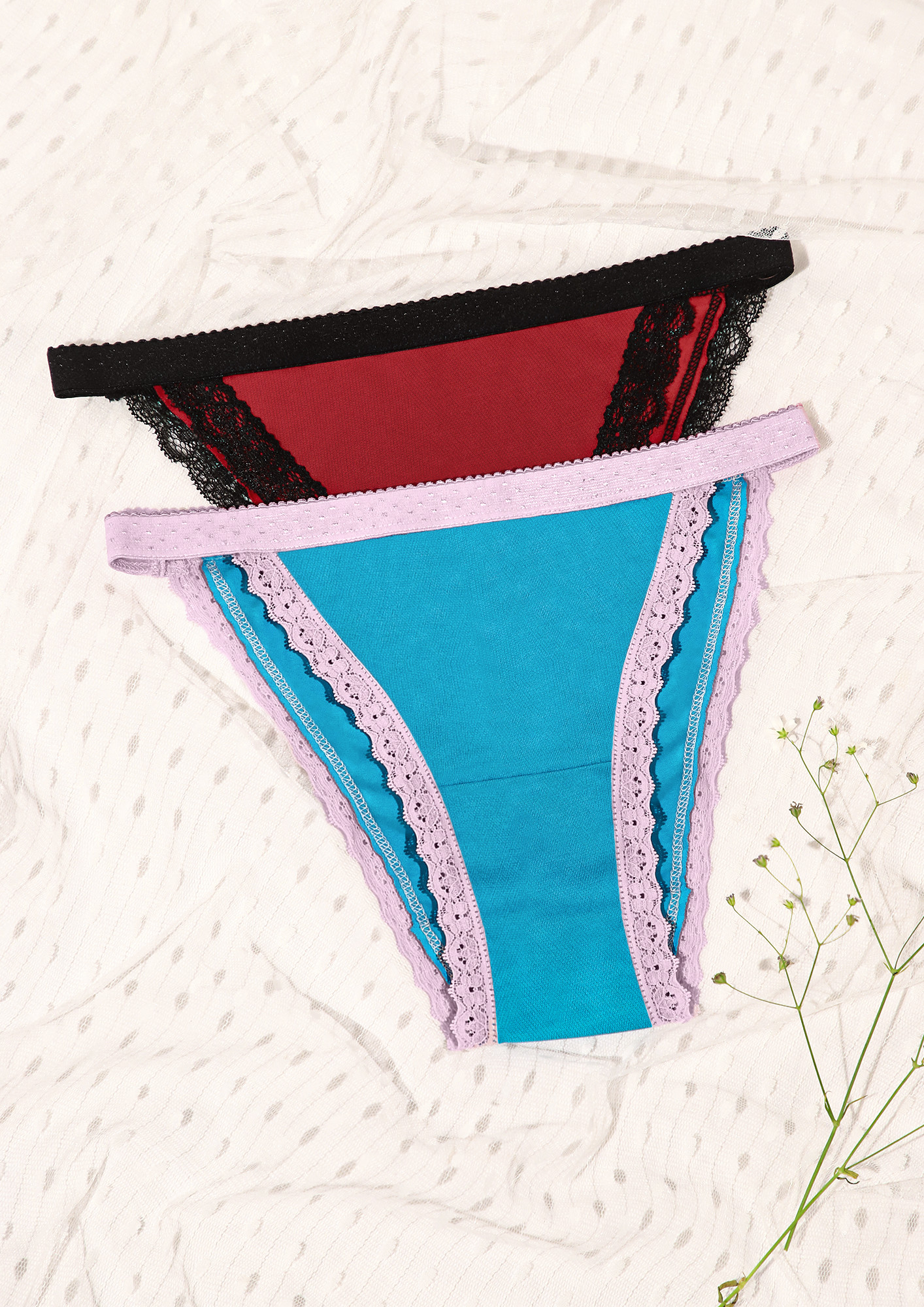 TRIMMED LACE PINK AND BLUE BIKINI BOTTOMS SET OF 2