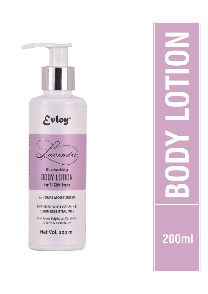 Evloy Ultra Nourishing Body Lotion ( Lavender ) With Vitamin E & Skin Essential Oils | For All Skin Types | 200 Ml | 24 Hours Moisturizer