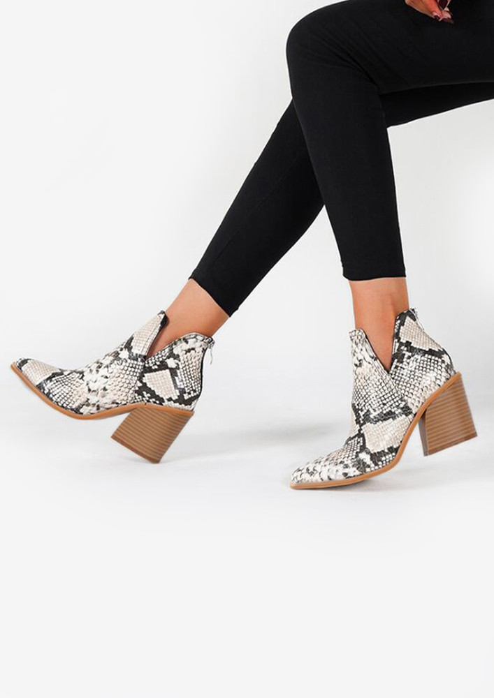 V-CUT DETAIL PU PRINTED ANKLE BOOTS