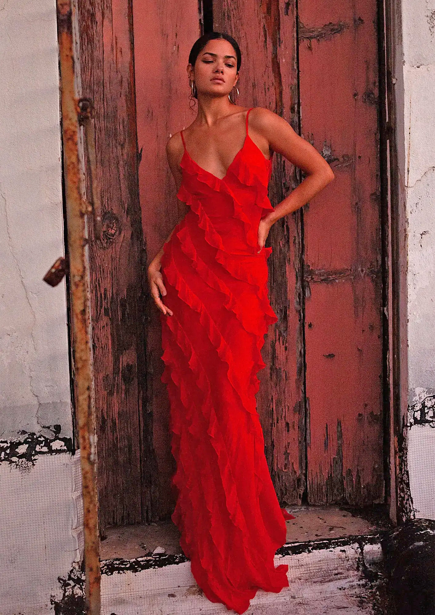 Buy RED Y2K RUFFLE TRIM MAXI DRESS for Women Online in India