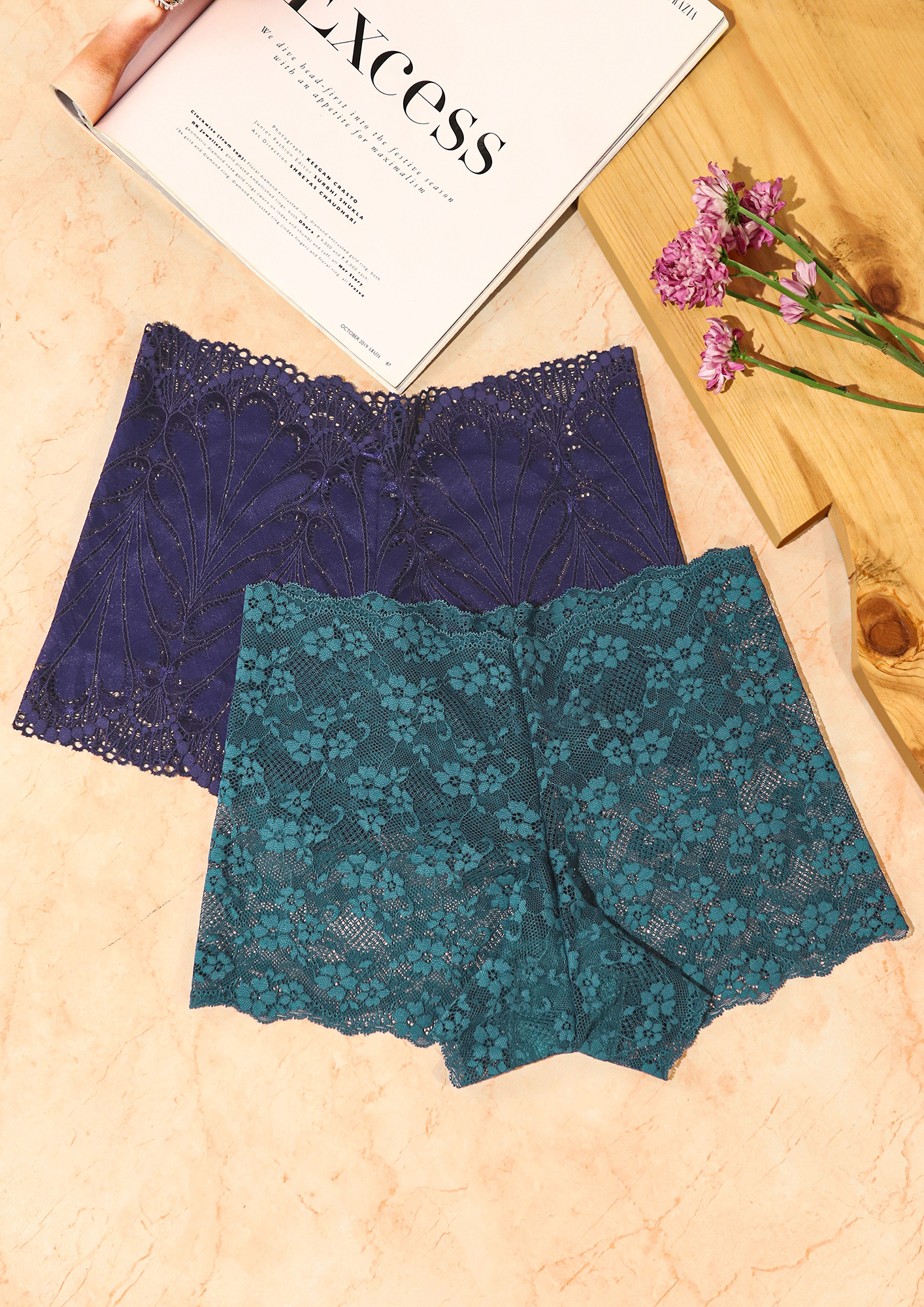 LACY GREEN-BLUE SET OF TWO MID-RISE BOYSHORTS