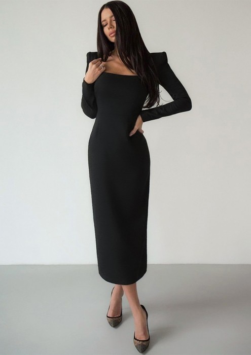 Classic Black Long Sleeve Ribbed Wiggle Pencil Dress – Pretty Kitty Fashion