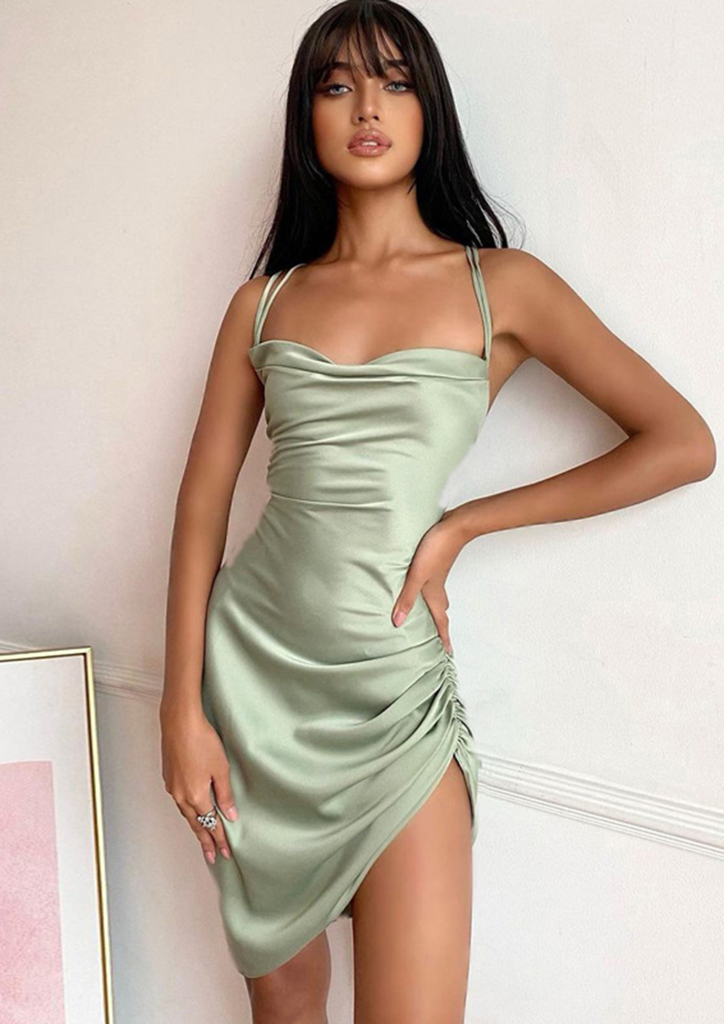 Buy SATIN GREEN COWL-NECK BODYCON DRESS for Women Online in India
